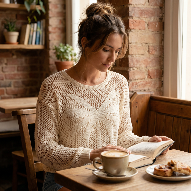 Cream Palm-Tree Open-Knit Sweater — lifestyle
