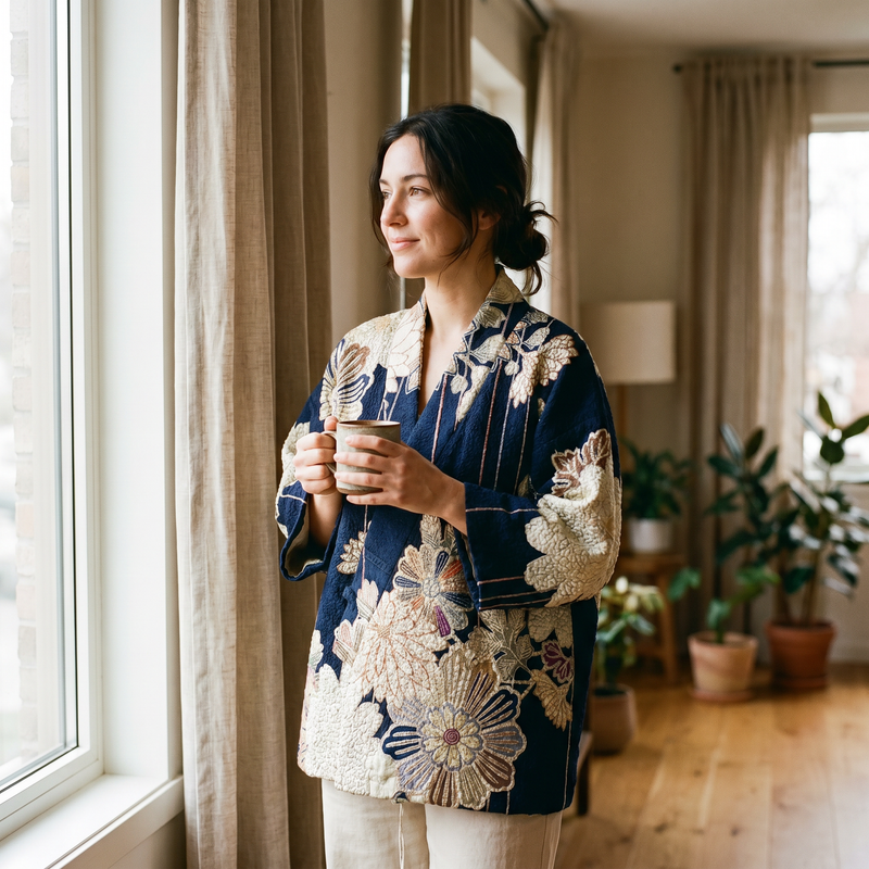 Navy Floral Sherpa Kimono Jacket — lifestyle