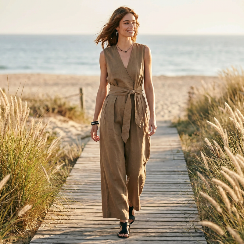 V-Neck Belted Linen Wide-Leg Jumpsuit — lifestyle