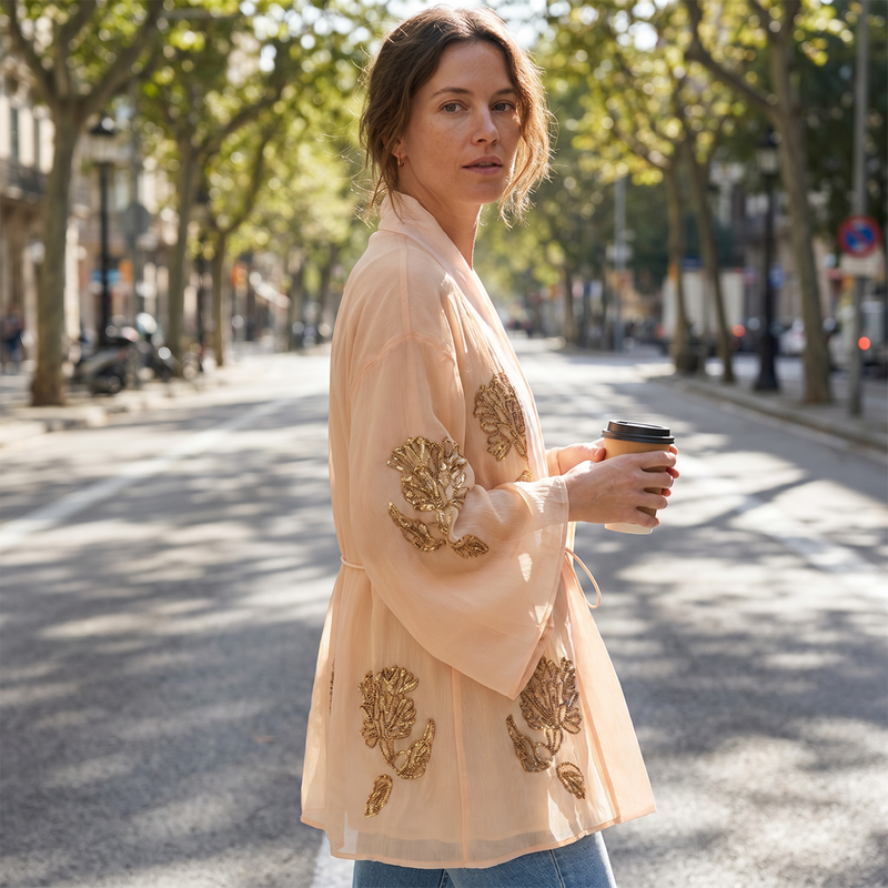 Blush Beaded Silk Kimono Jacket — lifestyle