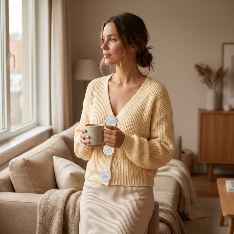 Faye Camellia-Button Knit Sweater — lifestyle