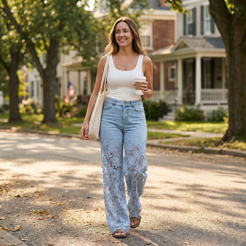Elara Lace Flower Wide Leg Jeans — lifestyle