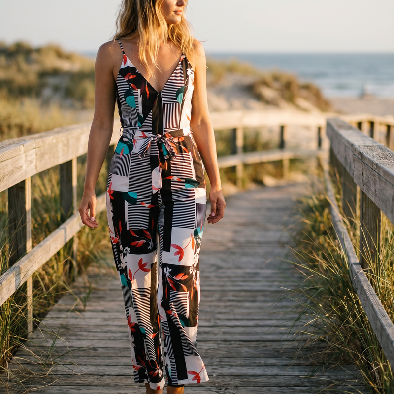 Printed Spaghetti Strap Tied Jumpsuit — lifestyle
