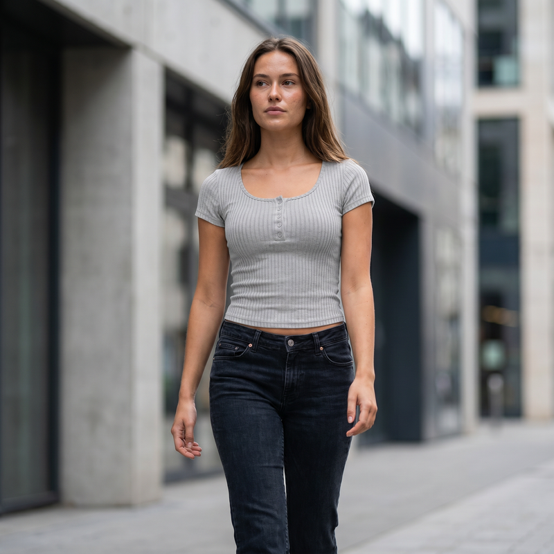 Ribbed Button Detail Round Neck Short Sleeve T-Shirt — lifestyle