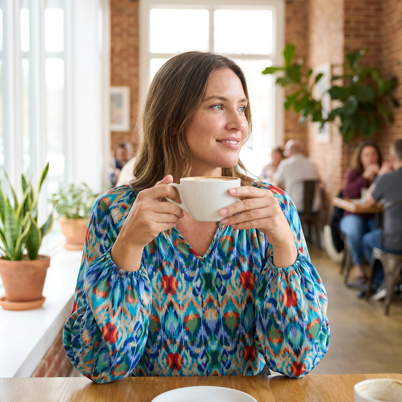 Double Take Full Size Printed Balloon Sleeve Blouse — lifestyle