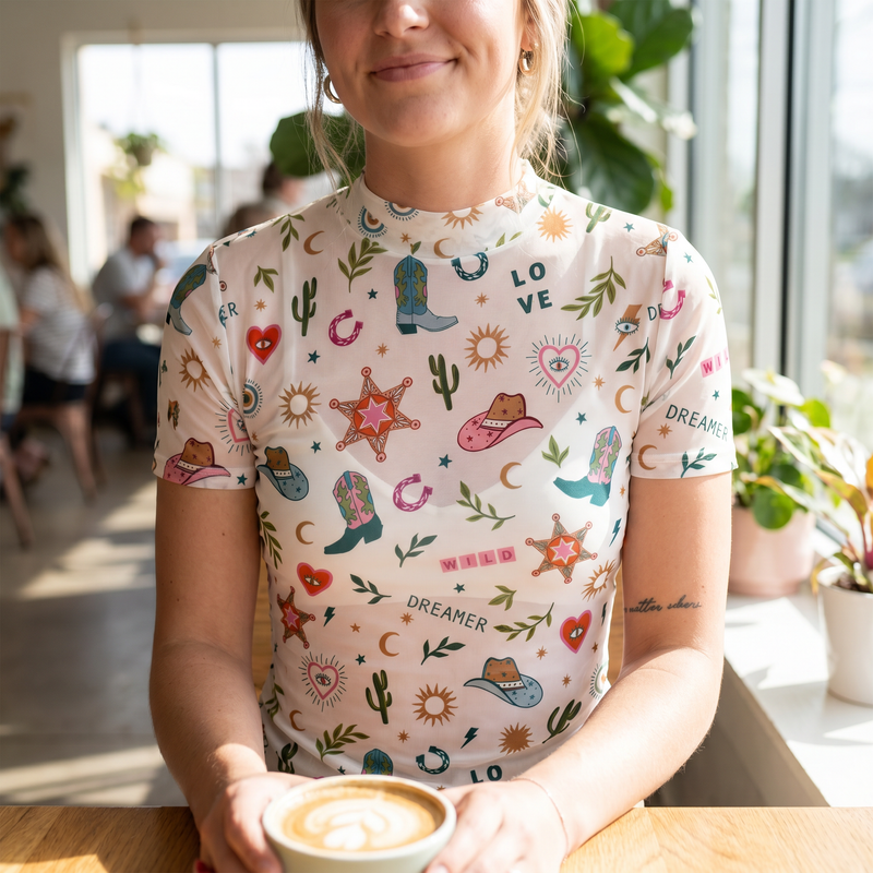 LOVE WILD DREAMER Western Print Sheer Mesh Top — lifestyle