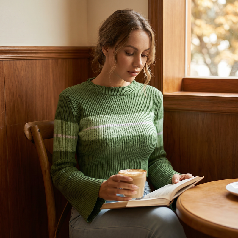 Ribbed Color Block Round Neck Cropped Sweater — lifestyle