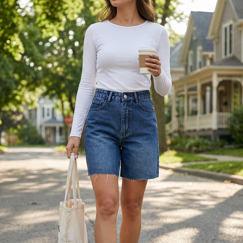Frayed Hem Denim Shorts — lifestyle