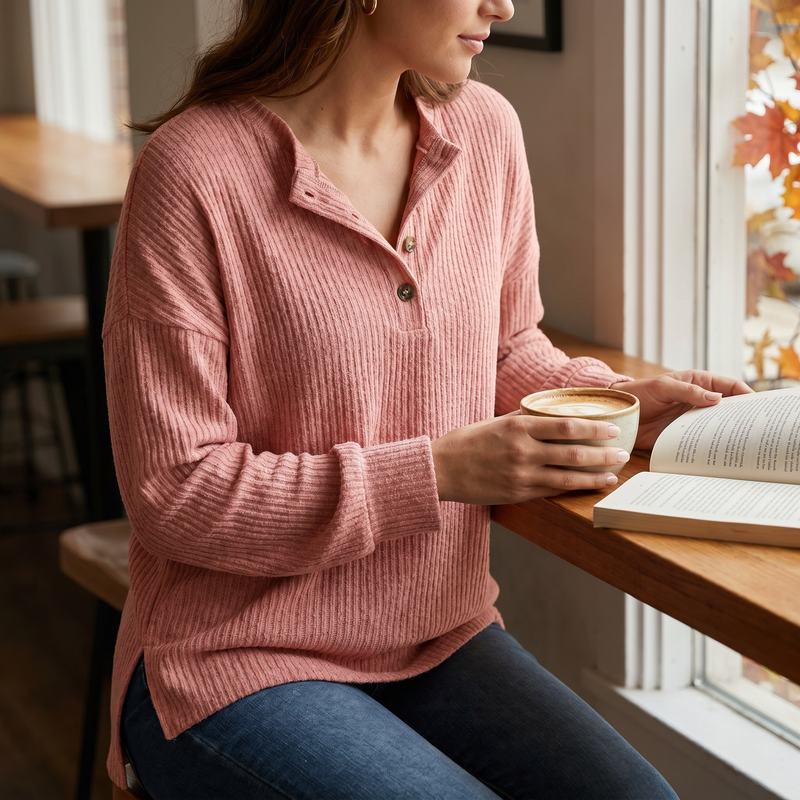 Quarter Button Round Neck Dropped Shoulder Knit Top — lifestyle