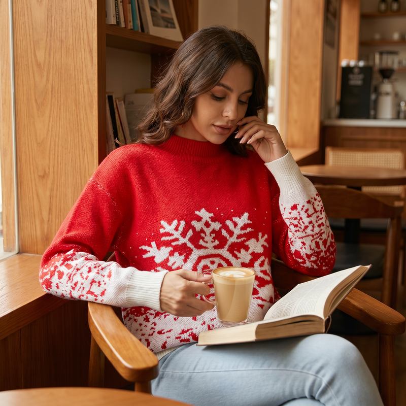 Snowflake Pattern Mock Neck Sweater — lifestyle