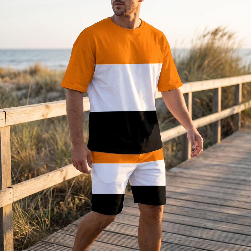 Men's Full Size Color Block Tee and Shorts Set Plus Size — lifestyle