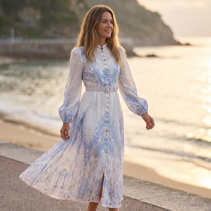 Delphine Puff-Sleeve Belted Dress — lifestyle