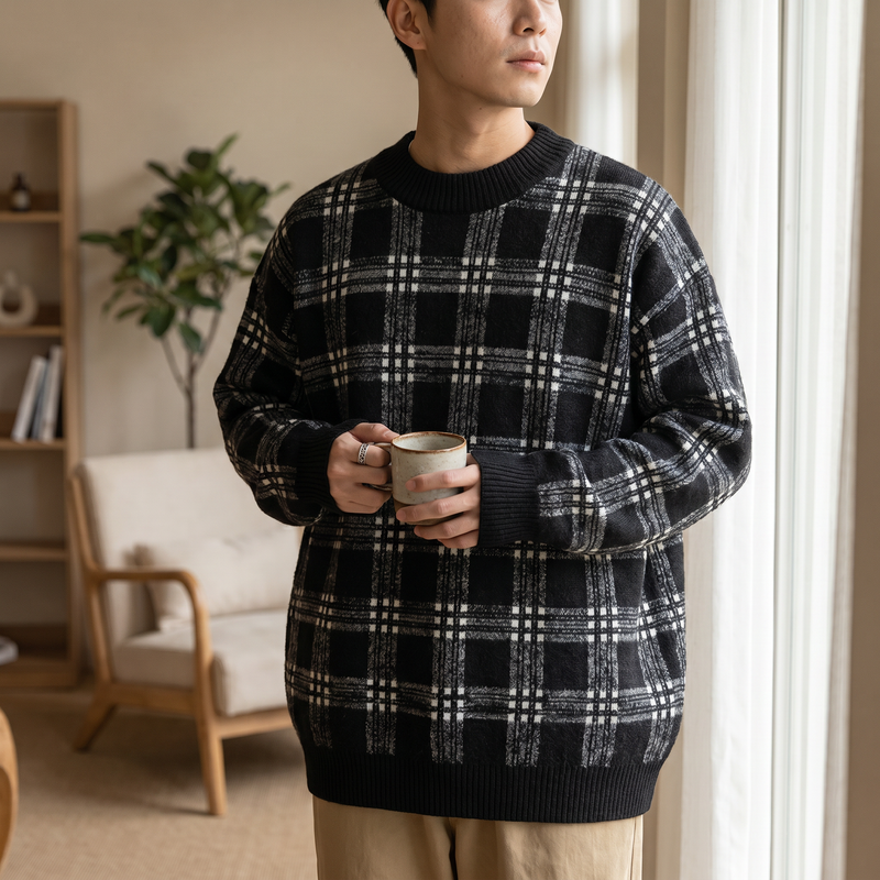 Men's Plaid Round Neck Long Sleeve Sweater — lifestyle