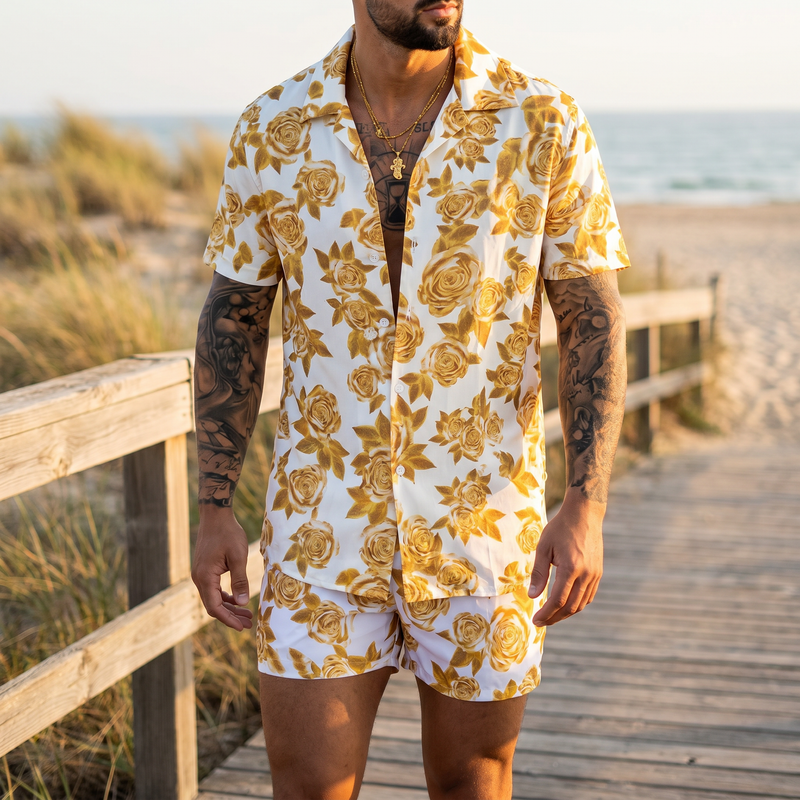 Men's Full Size Button Up Shirt And Shorts Set Plus Size — lifestyle