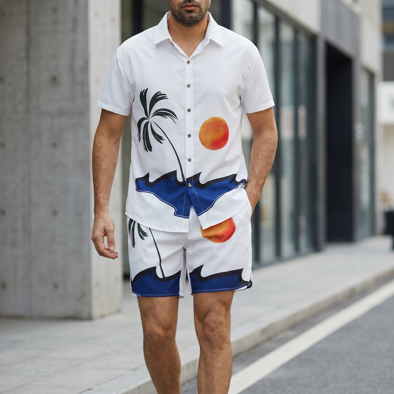 Men's Full Size Button Up Shirt And Shorts Set Plus Size — lifestyle