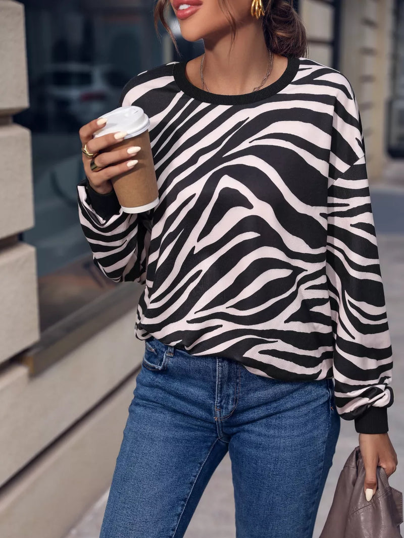 Zebra Print Round Neck Casual Sweatshirt 3