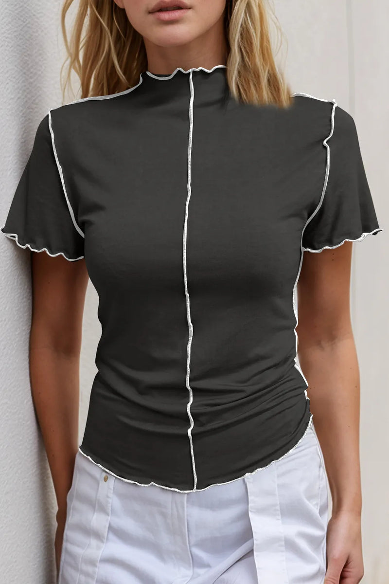 Basic Bae Contrast Trim Mock Neck Short Sleeve T-Shirt | Hazel & June Black