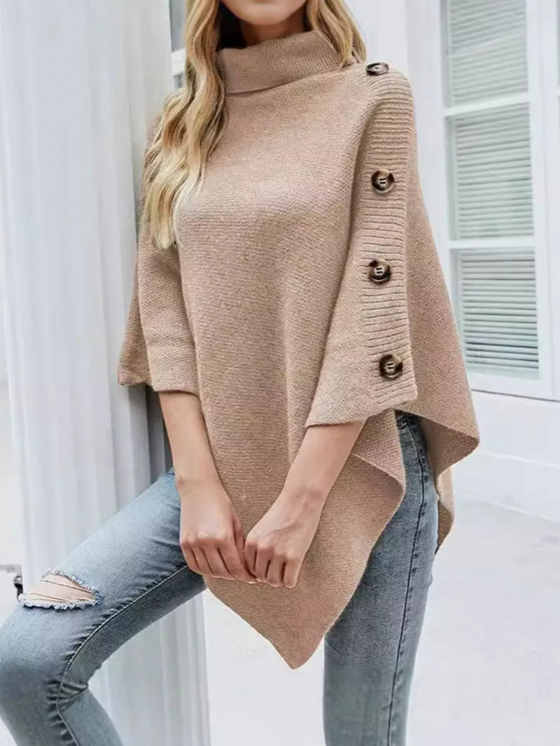 Button-Decor Turtleneck Poncho Pullover 6