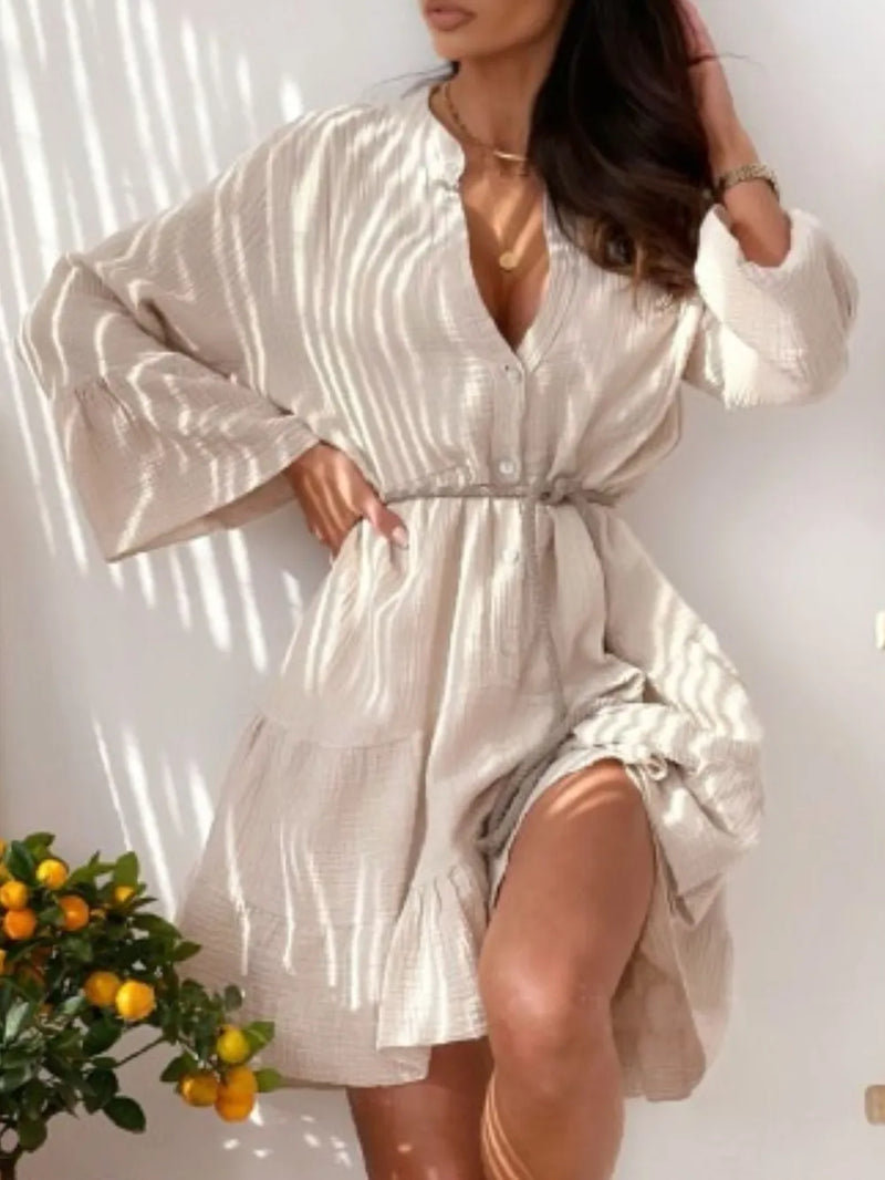 Button Detail Notched Long Sleeve Dress 3