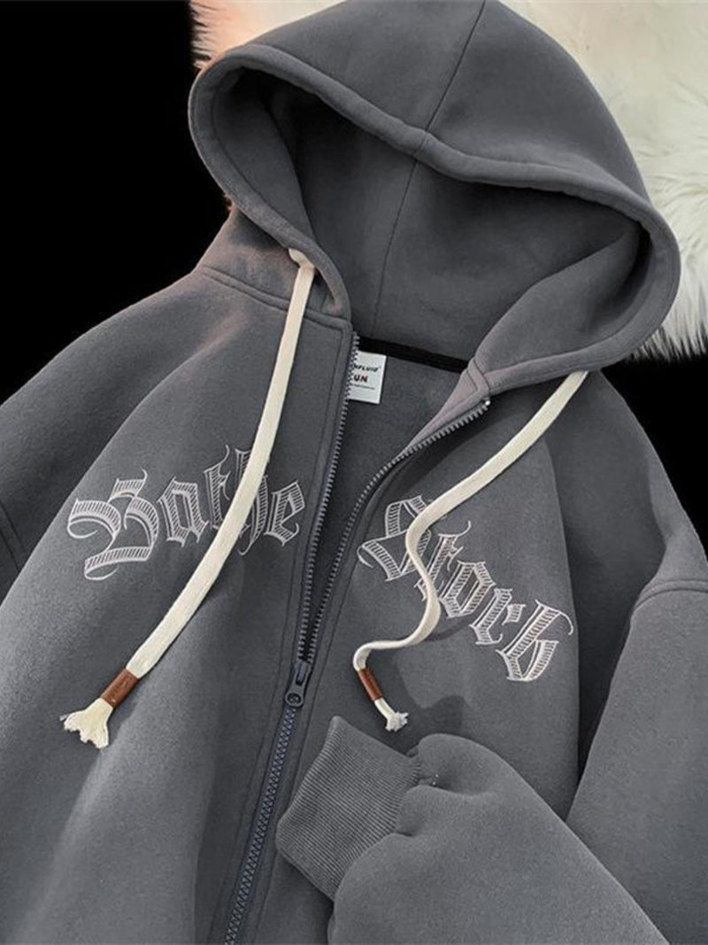 Men's Plus Size Letter Zip Up Drawstring Hoodie 7