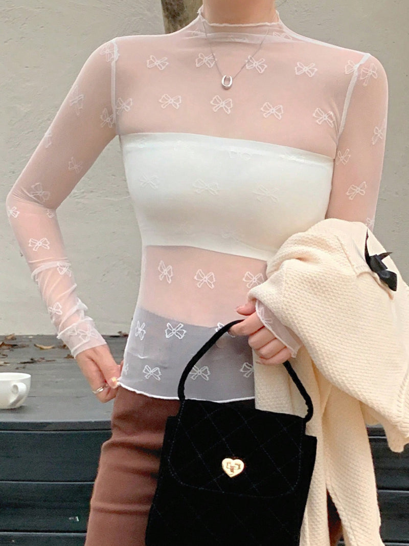 Bow Print Sheer Mesh Top 1