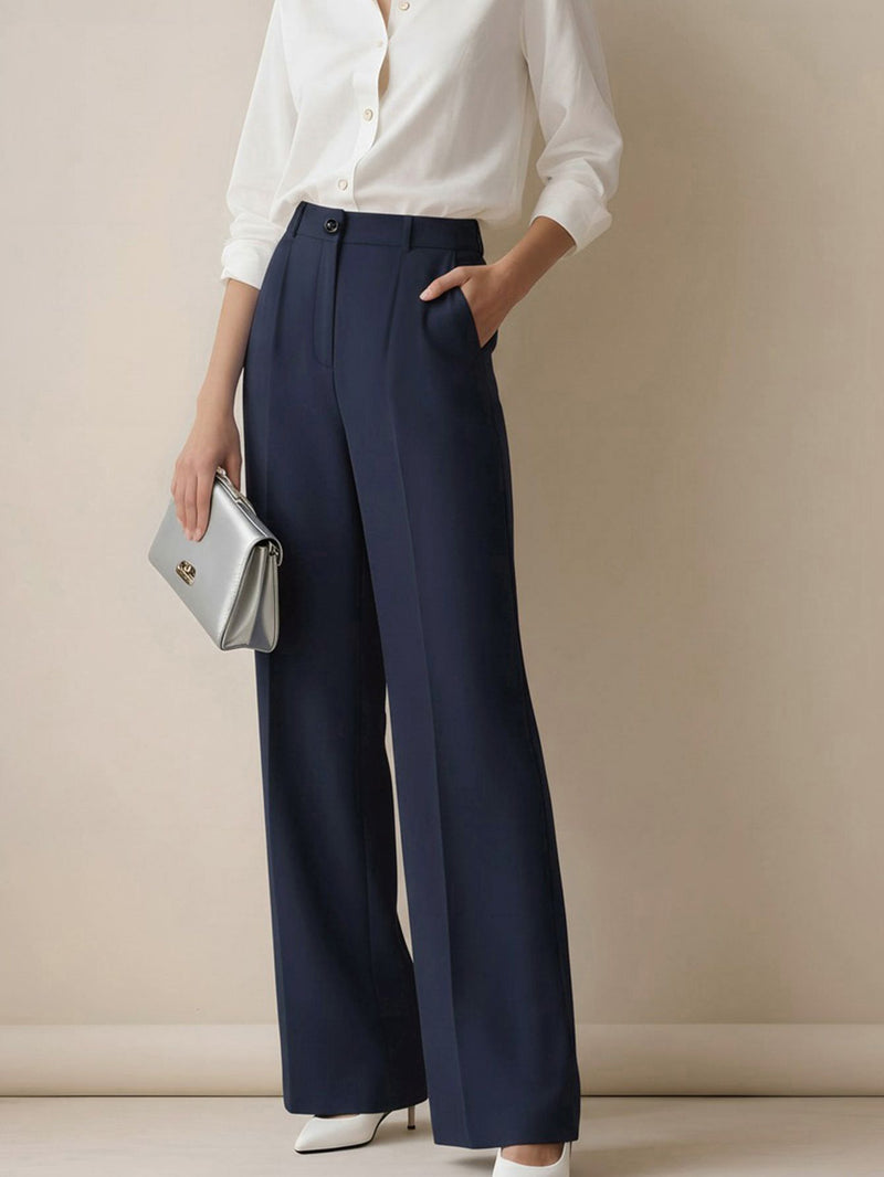 Margot Pleated Wide-Leg Trousers — Dark Blue