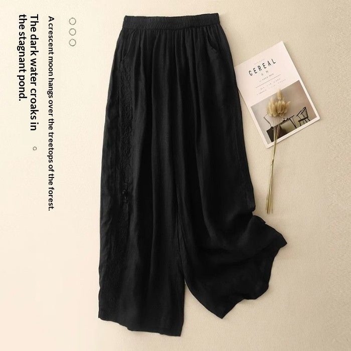 Linnea Embroidered Linen Trousers — Black