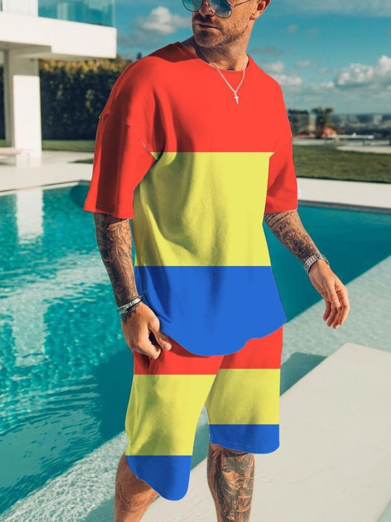 Men's Full Size Color Block Tee and Shorts Set Plus Size | Hazel & June Yellow