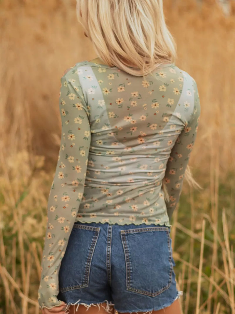 Floral Print Mesh Long Sleeve Top 3