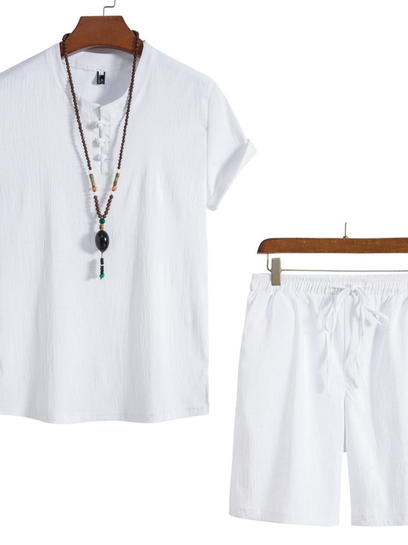 Men's Plus Size Mandarin Collar Short Sleeve Shirt and Shorts Set | Hazel & June White
