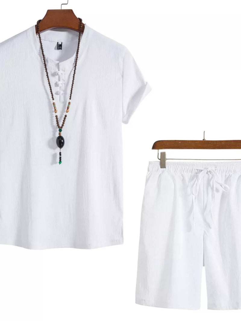 Men's Plus Size Mandarin Collar Short Sleeve Shirt and Shorts Set 7
