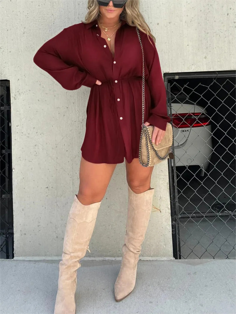 Arden Button Shirt Jumpsuit — Wine Red