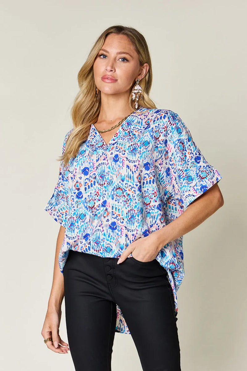 Double Take Full Size Printed V-Neck Short Sleeve Blouse | Hazel & June Sky Blue