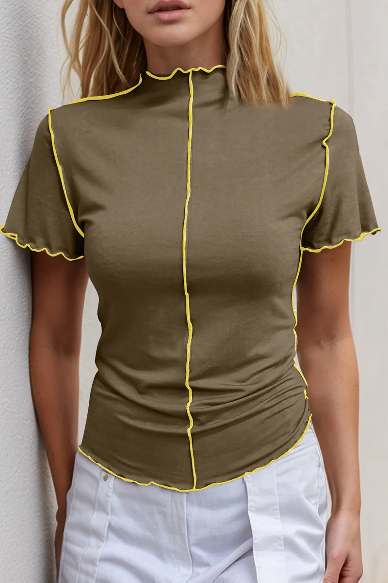 Basic Bae Contrast Trim Mock Neck Short Sleeve T-Shirt | Hazel & June Taupe