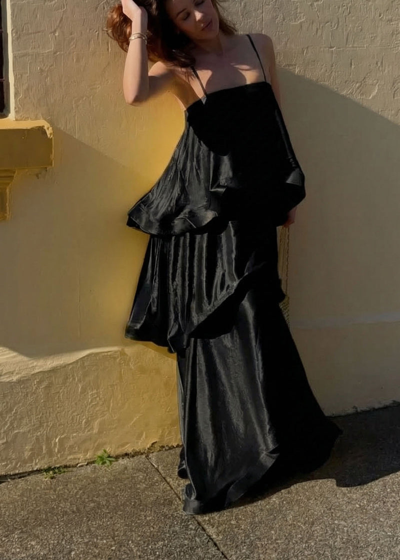 Saona Tiered Satin Maxi Dress — Black