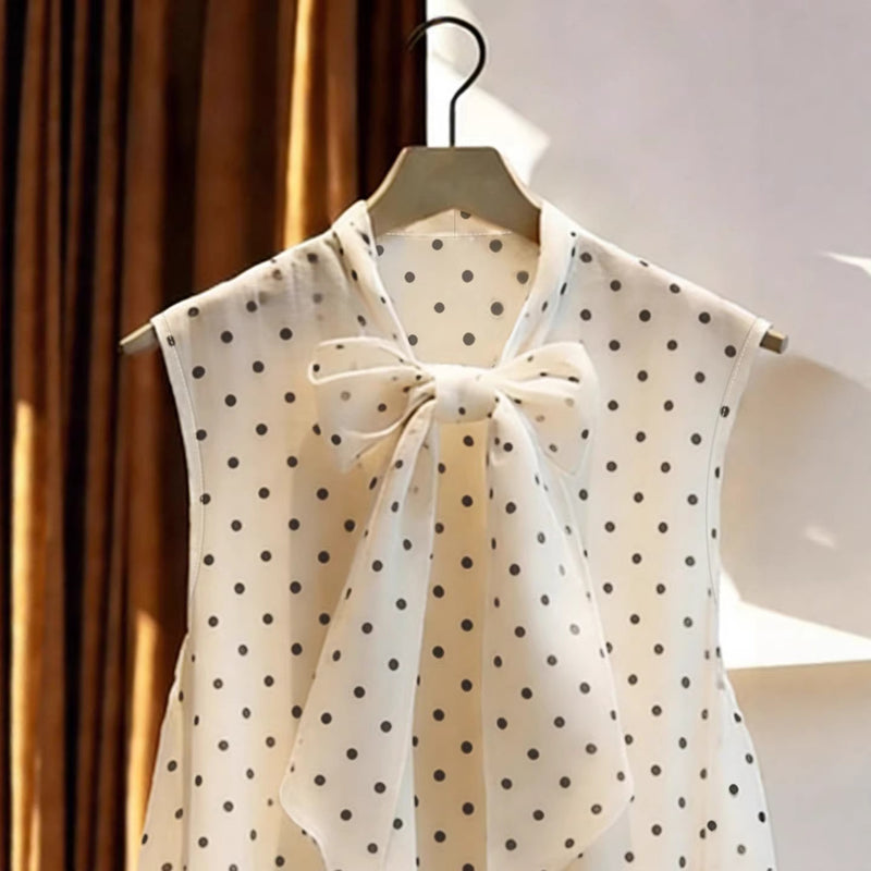 Cream Polka-Dot Bow Chiffon Blouse