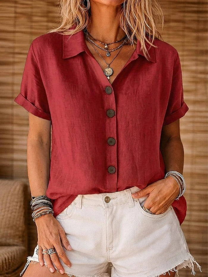 Rust Linen Button-Up Blouse — Wine Red