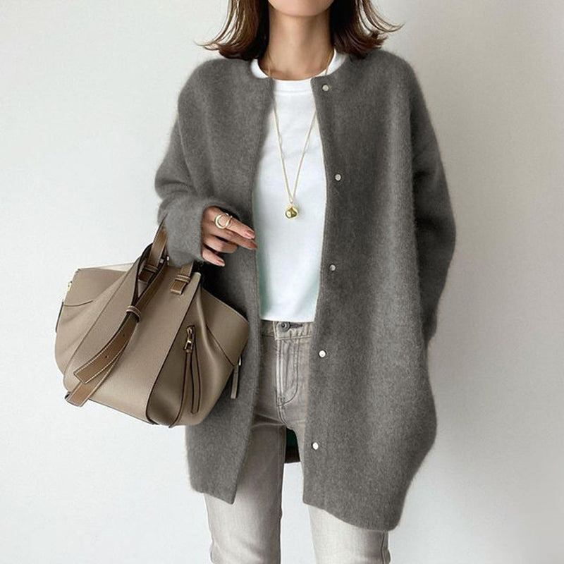 Clara Soft Knit Cardigan — Dark Gray Knitted Material