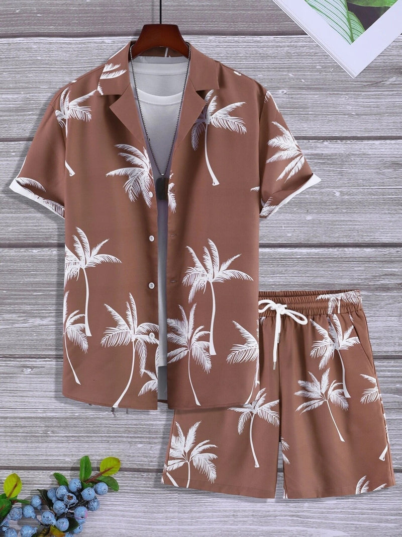 Men's Full Size Palm Print Button Up Shirt and Shorts Set Plus Size | Hazel & June Caramel