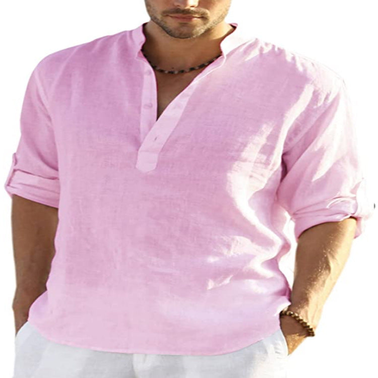 Grove Cotton Linen Stand Collar Shirt — Pink
