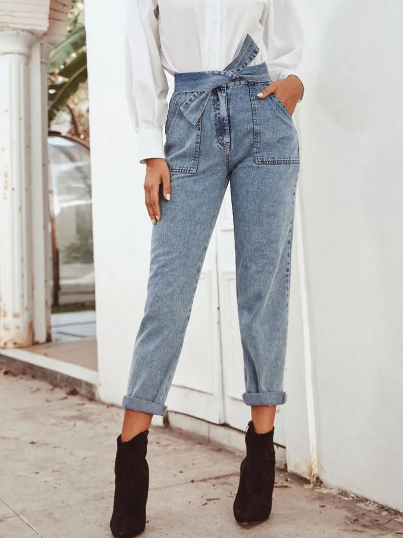 Tied Straight Leg Jeans with Pockets 1