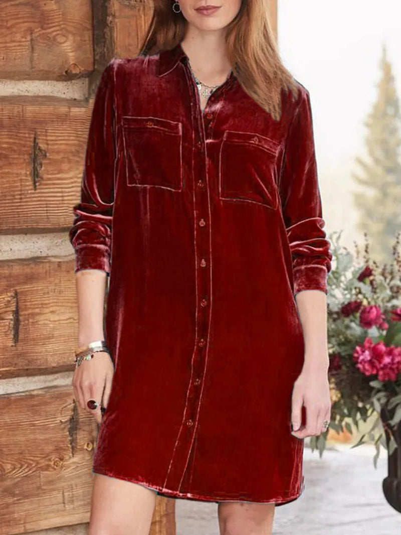 High-Low Button Up Long Sleeve Knee Length Dress | Hazel & June Brick Red
