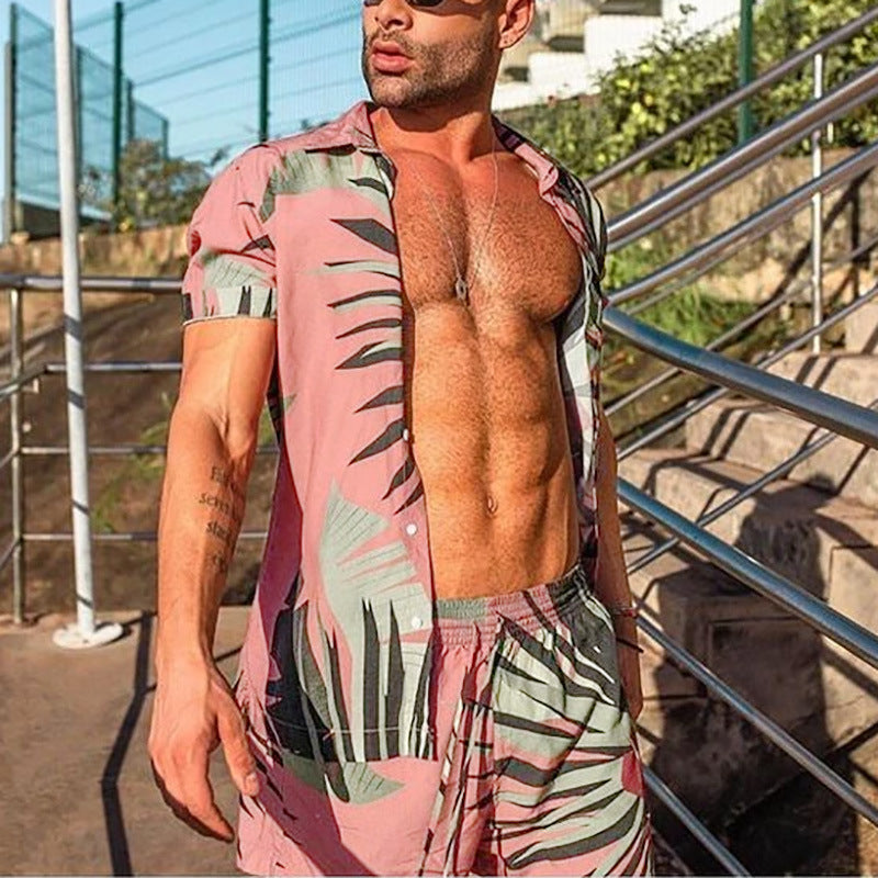 Men's Full Size Button Up Shirt And Shorts Set Plus Size Pink