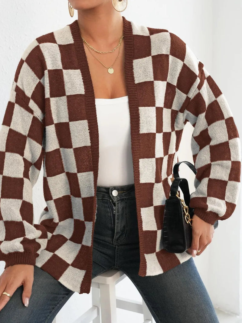 Checkered Open Front Long Sleeve Cardigan 6