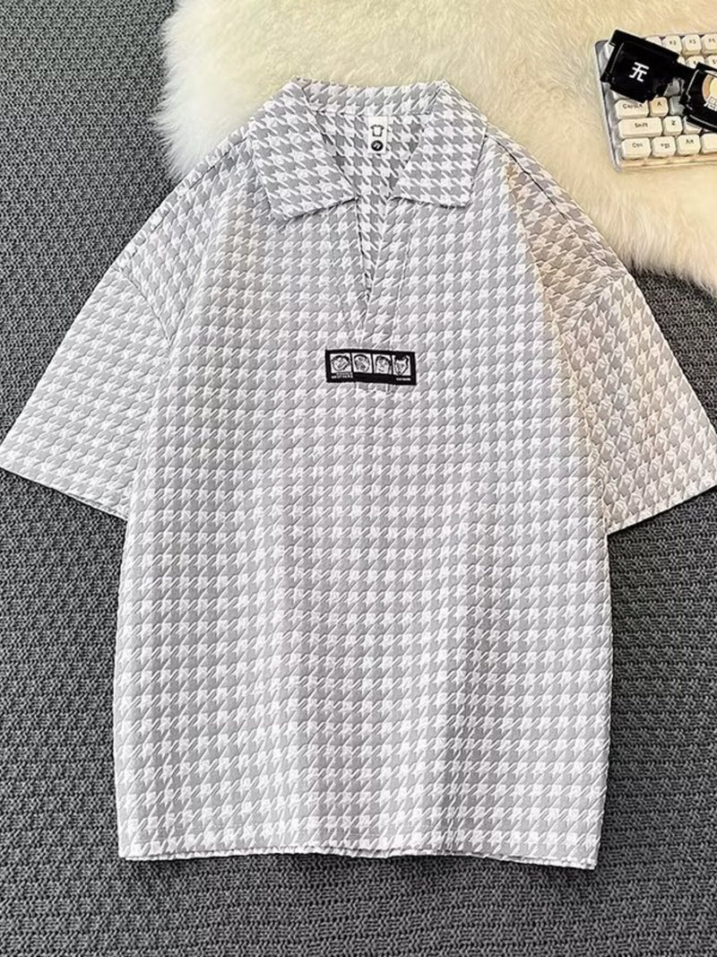 Men's Plus Size Houndstooth Pattern Short Sleeve Polo Shirt Gray