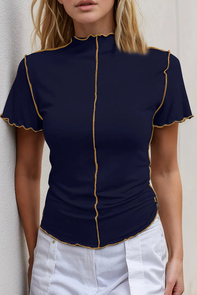 Basic Bae Contrast Trim Mock Neck Short Sleeve T-Shirt | Hazel & June Dark Navy