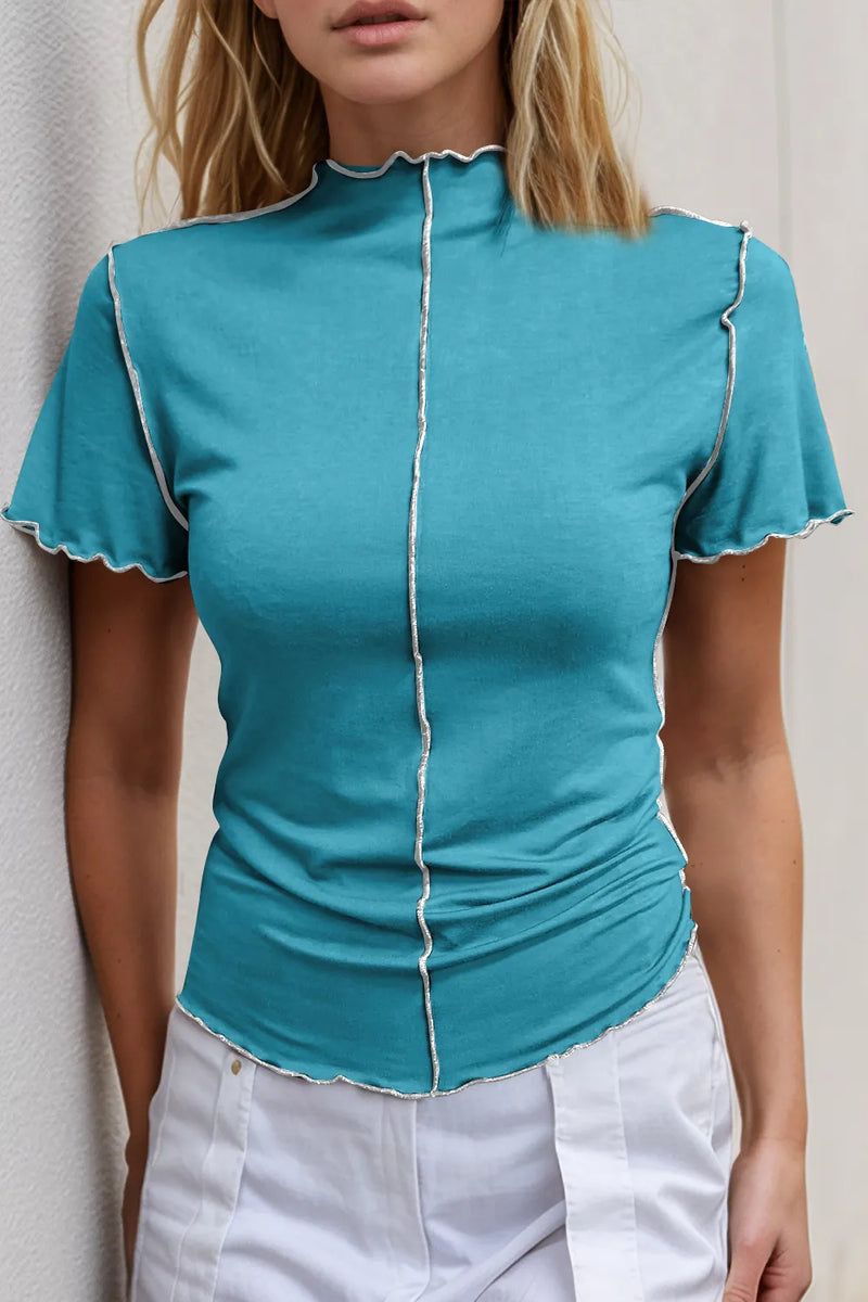 Basic Bae Contrast Trim Mock Neck Short Sleeve T-Shirt | Hazel & June Pastel  Blue