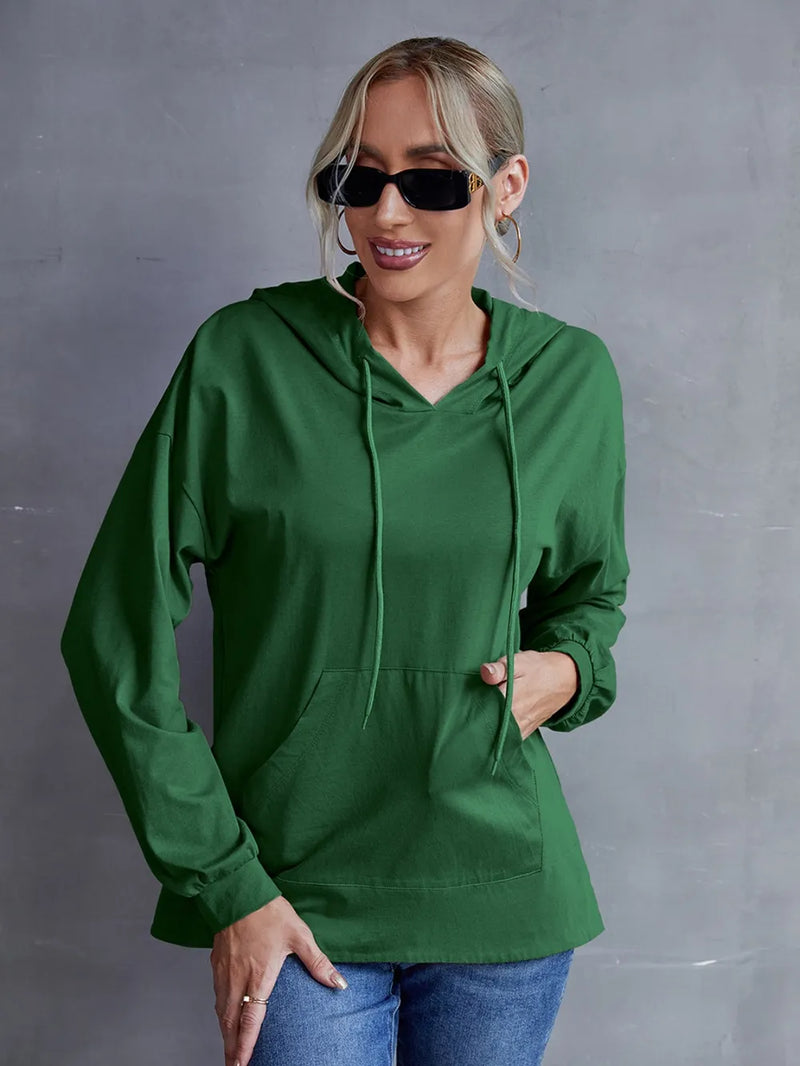 Ivy Lane Drawstring Pocketed Dropped Shoulder Hoodie | Hazel & June Dark Green