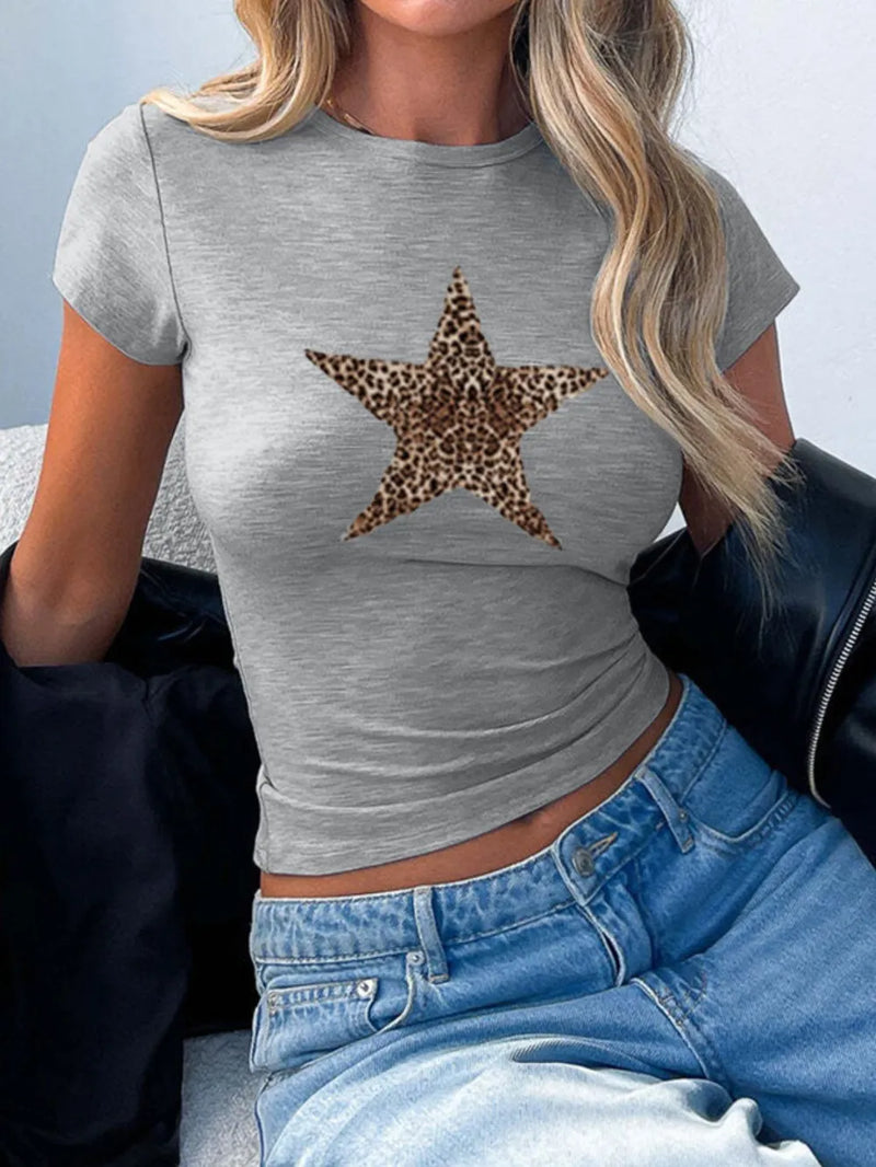 Devine Star Round Neck Short Sleeve T-Shirt | Hazel & June Gray