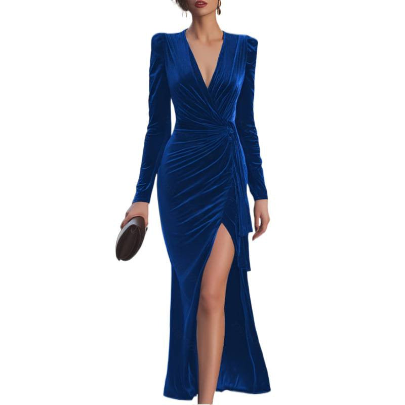 Sapphire Velvet Wrap-Front Slit Gown 3